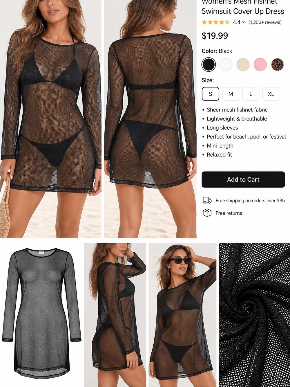 Black Sheer Mesh Swim Coverup Dress - Lightweight Beach Tunic